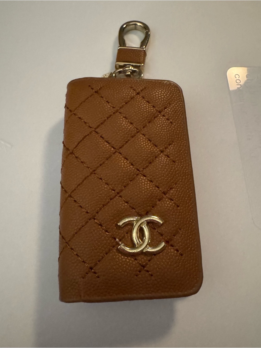Quilted Brown Leather Key Case with Logo